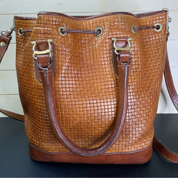 Vintage Pollini Purse Woven Italian Leather Tote Shoulder Bag Brown Brass - Picture 2 of 10